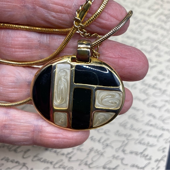 Gold Tone & Black Enamel Pendant Necklace - Picture 2 of 8